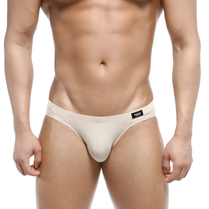 Beige metro male wear vasco hip brief men’s thong with black logo tag on waistband in soft breathable fabric