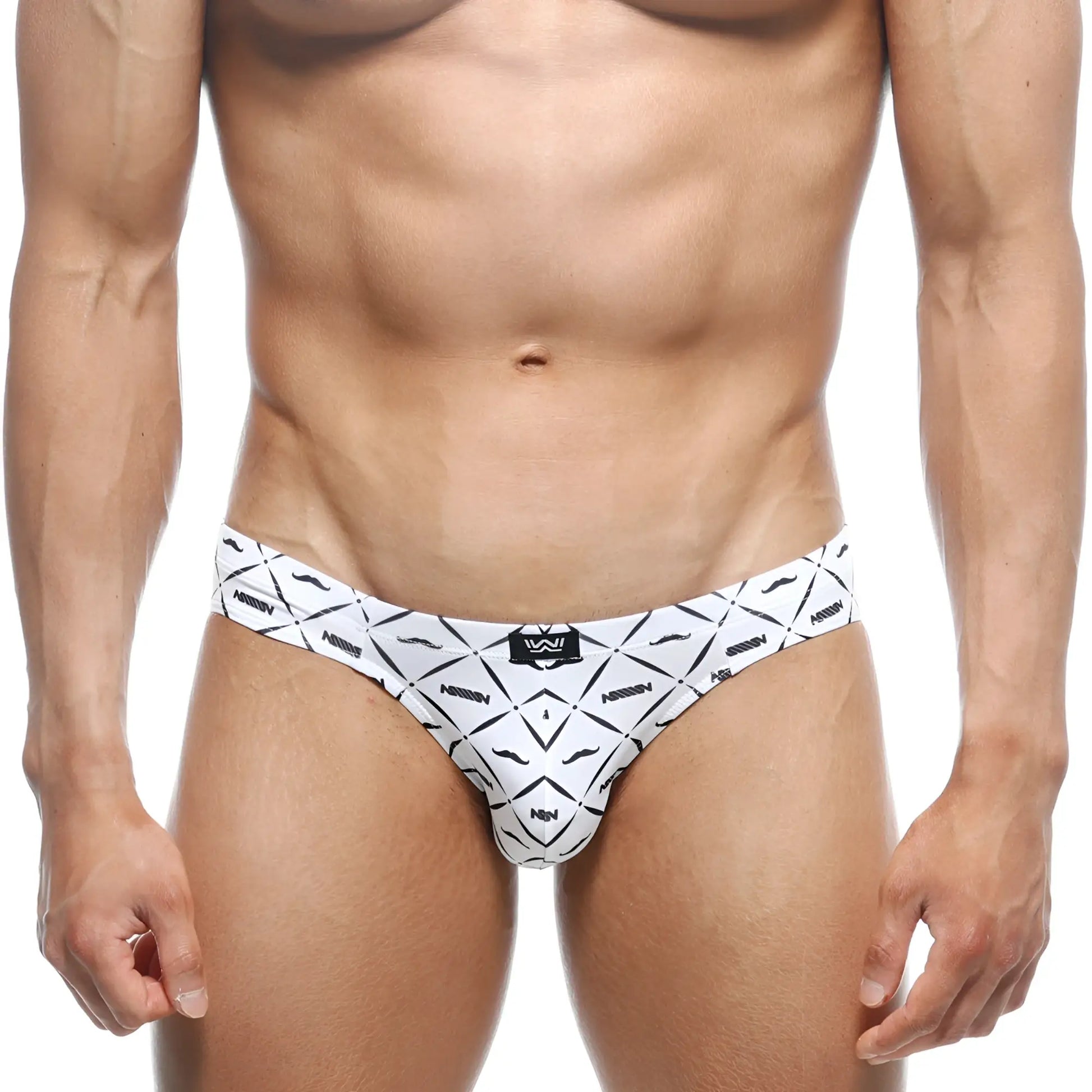 White naninen men’s briefs featuring a bold black geometric pattern with stylized mustache motifs.