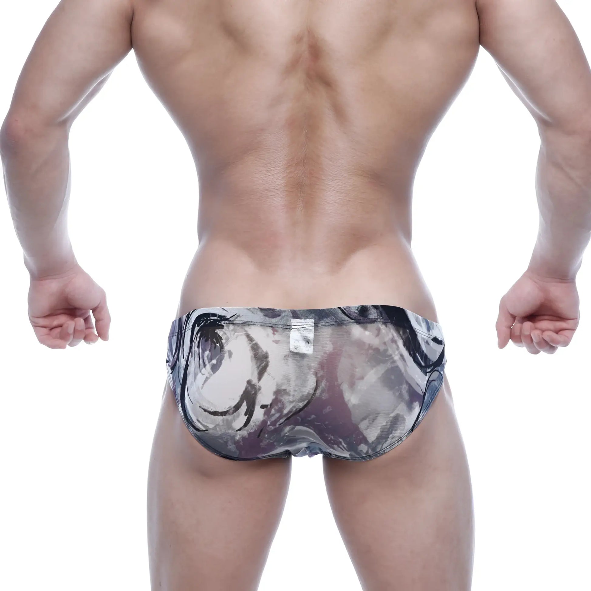 Black and gray abstract swirl-patterned mesh swim trunks metroamalewear vasco hip brief grass 5103-71 front view