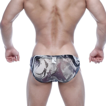 Black and gray abstract swirl-patterned mesh swim trunks metroamalewear vasco hip brief grass 5103-71 front view