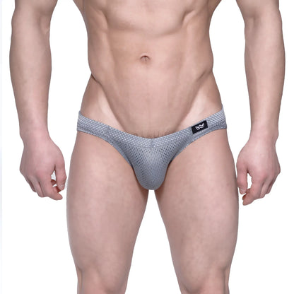 Gray mesh men’s briefs with a black logo tag on the waistband from MetroMaleWear Vasco Hip Brief 5103-42