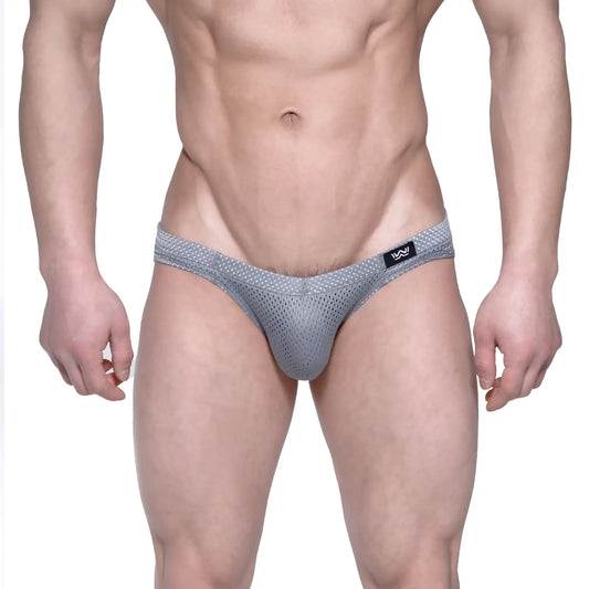 Gray mesh men’s briefs with a black logo tag on the waistband from MetroMaleWear Vasco Hip Brief 5103-42