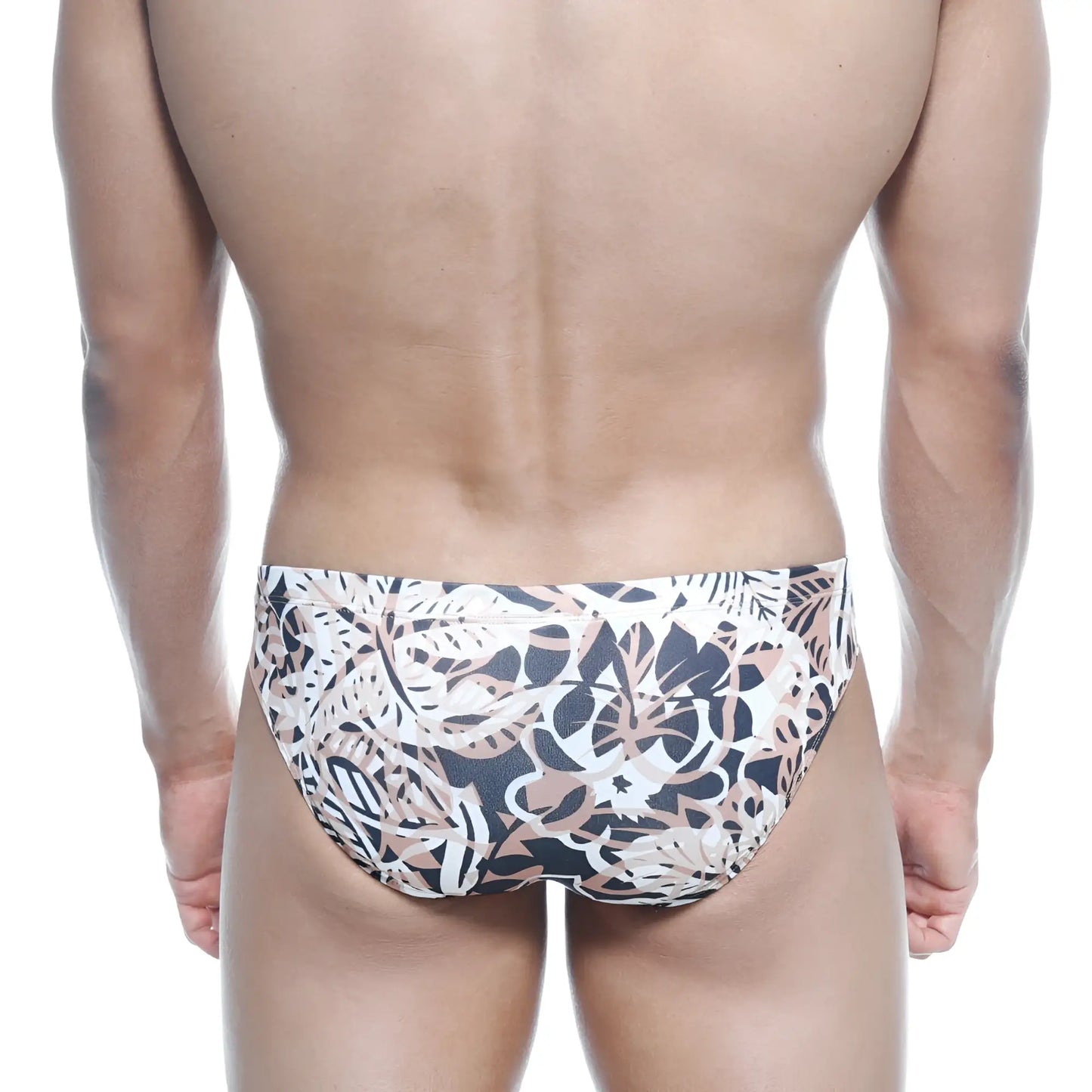 MetroMalewear vasco hip brief hoja 5103-76 men’s swim trunks with bold black white and beige tropical leaf pattern