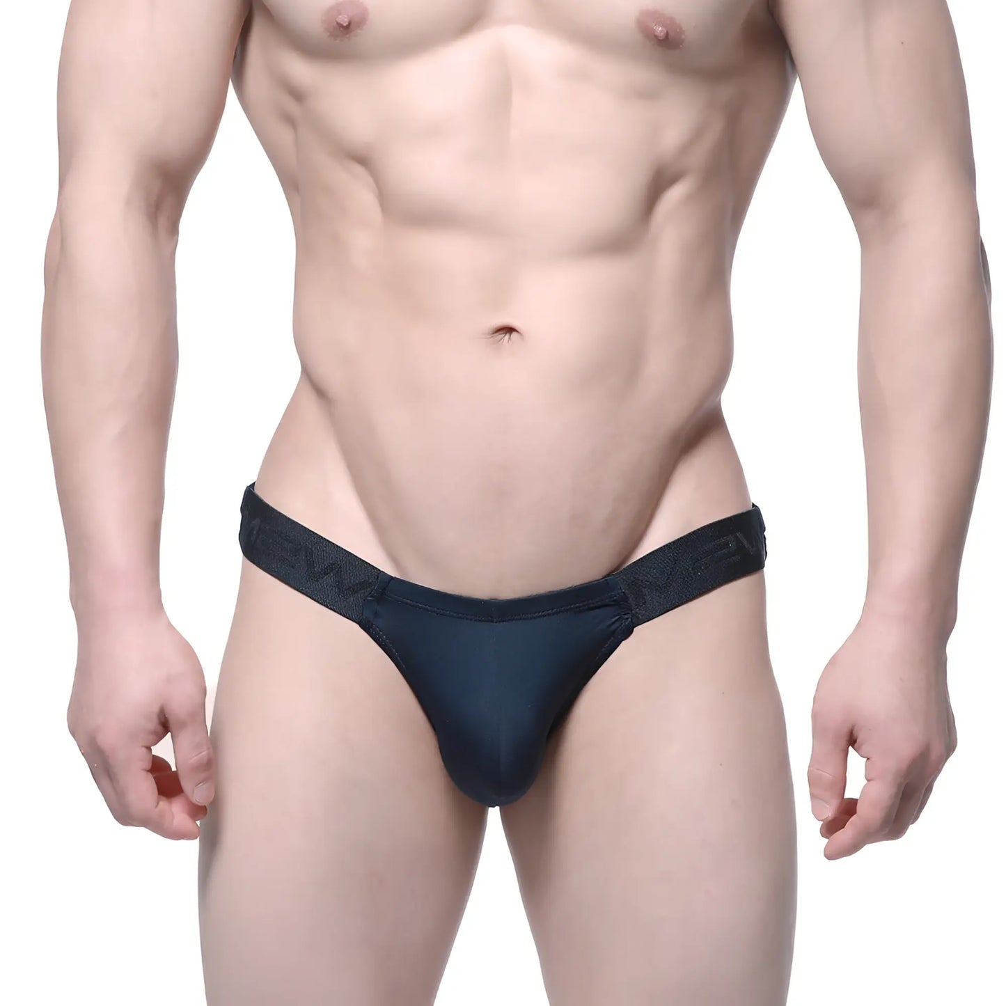 Black form-fitting thong with textured waistband by metromalewear veus bikini 3603-19 back view