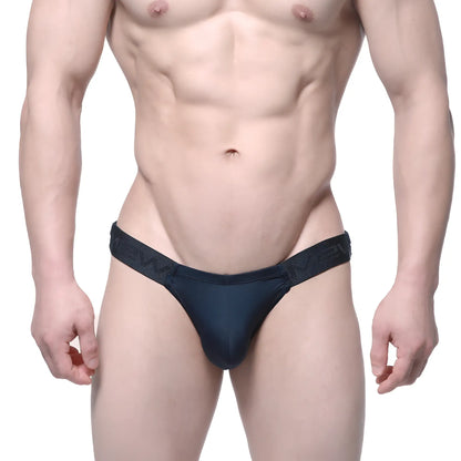 Black form-fitting thong with textured waistband by metromalewear veus bikini 3603-19 back view
