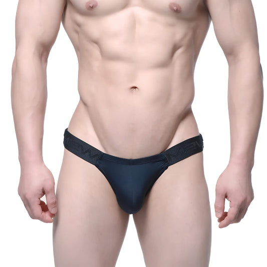 Black form-fitting thong with textured waistband by metromalewear veus bikini 3603-19 back view