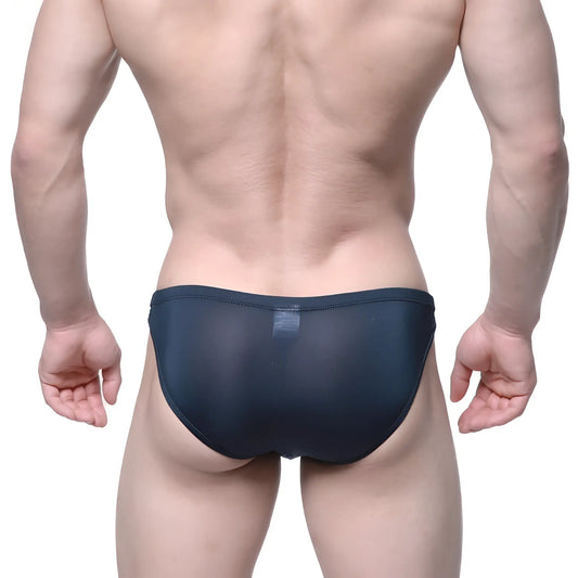 Dark navy sheer mesh briefs from metromalewear veus bikini 3603-19 showing front side design details