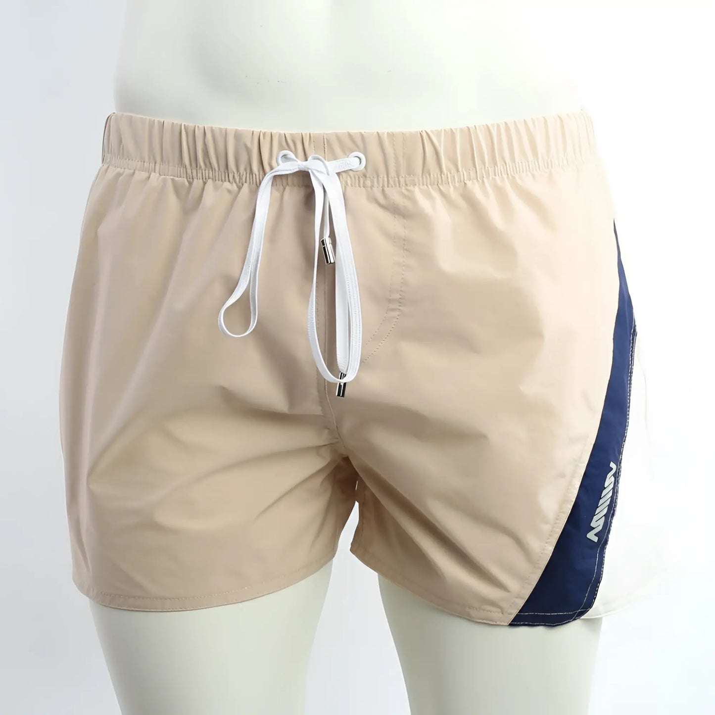 MetroMaleWear Viena short beige athletic swim shorts with navy blue panels and white drawstring waistband