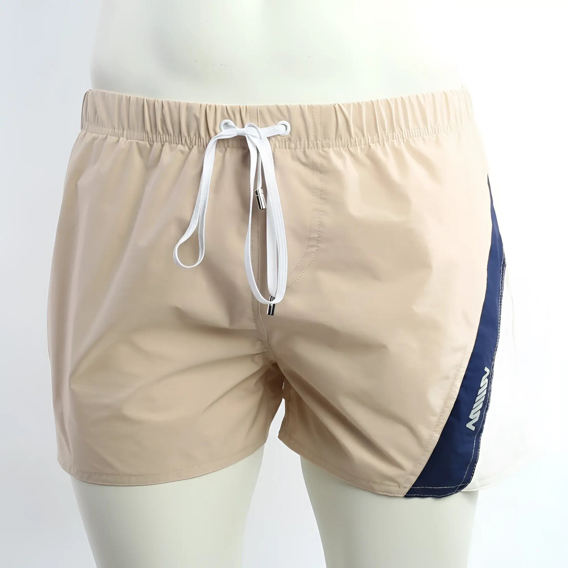 MetroMaleWear Viena short beige athletic swim shorts with navy blue panels and white drawstring waistband
