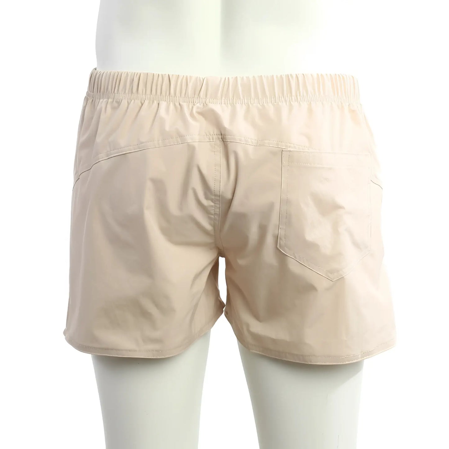 Beige metro male wear viena shorts with elastic waistband and single back pocket shown from the back side
