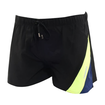 MetroMaleWear Viena short black athletic shorts with neon yellow and navy blue diagonal stripes and elastic drawstring waistband