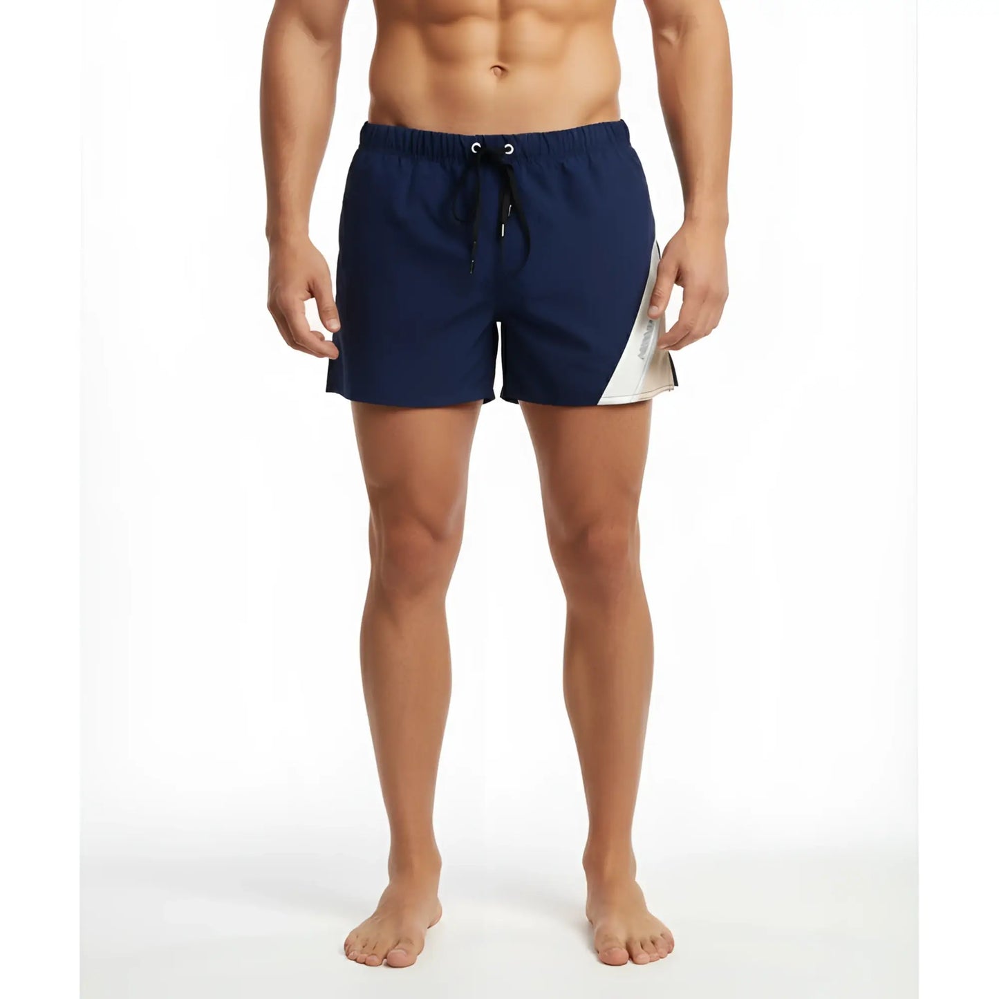 MetroMaleWear Viena short navy swim trunks with white diagonal panel and black drawstring for beachwear