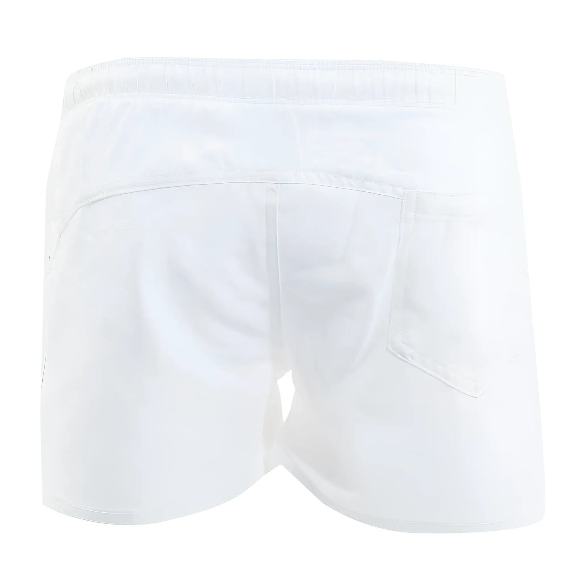 Back view of metro malewear viena short white athletic shorts with elastic waistband and single rear pocket