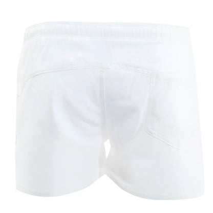Back view of metro malewear viena short white athletic shorts with elastic waistband and single rear pocket