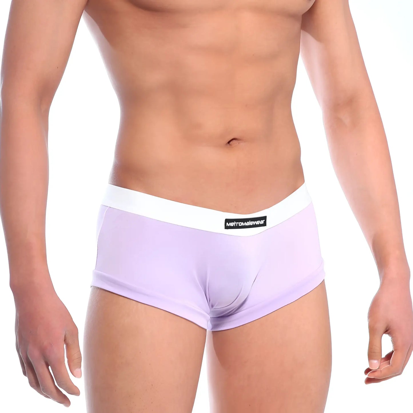 Light purple men’s briefs with a white waistband featuring the MetroMaleWear brand label.