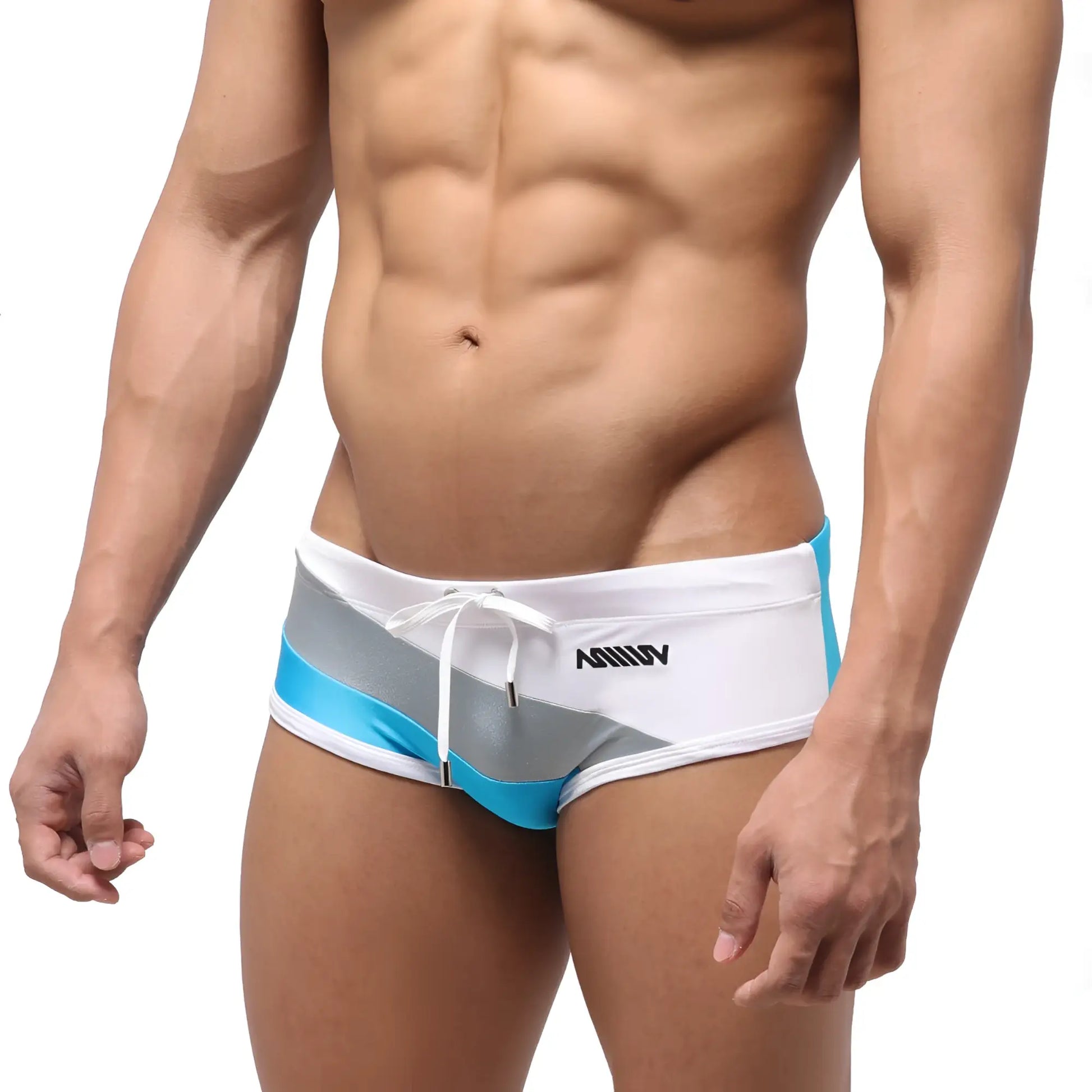 Metro male wear wave swim brief gray 4918-10 white silver turquoise striped swim trunks with drawstring waistband