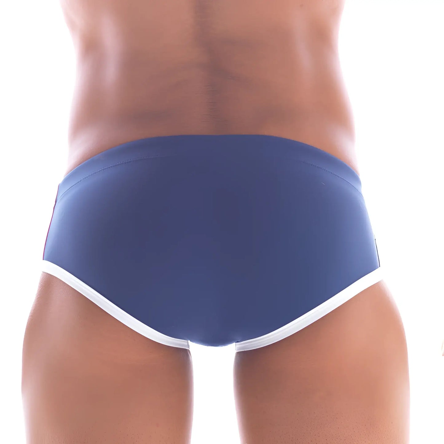 Navy blue metro malewear wave swim brief with white trim made for comfortable swimming and beach use