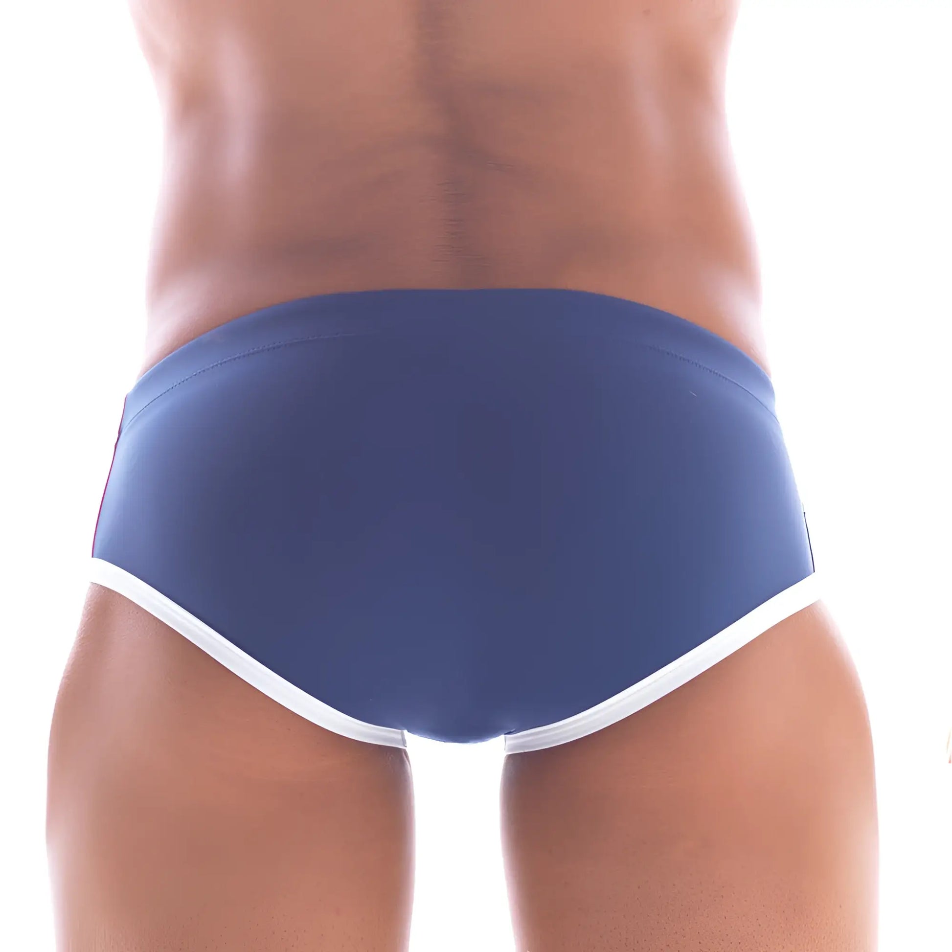 Navy blue metro malewear wave swim brief with white trim made for comfortable swimming and beach use