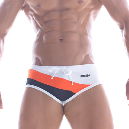 Metro malewear wave swim brief orange 4918-14 with white orange and navy blue stripes and white drawstring waistband
