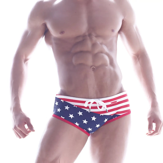 Metro male wear wave swim brief patriot 4918-90 featuring red white and blue american flag-themed star pattern front panel