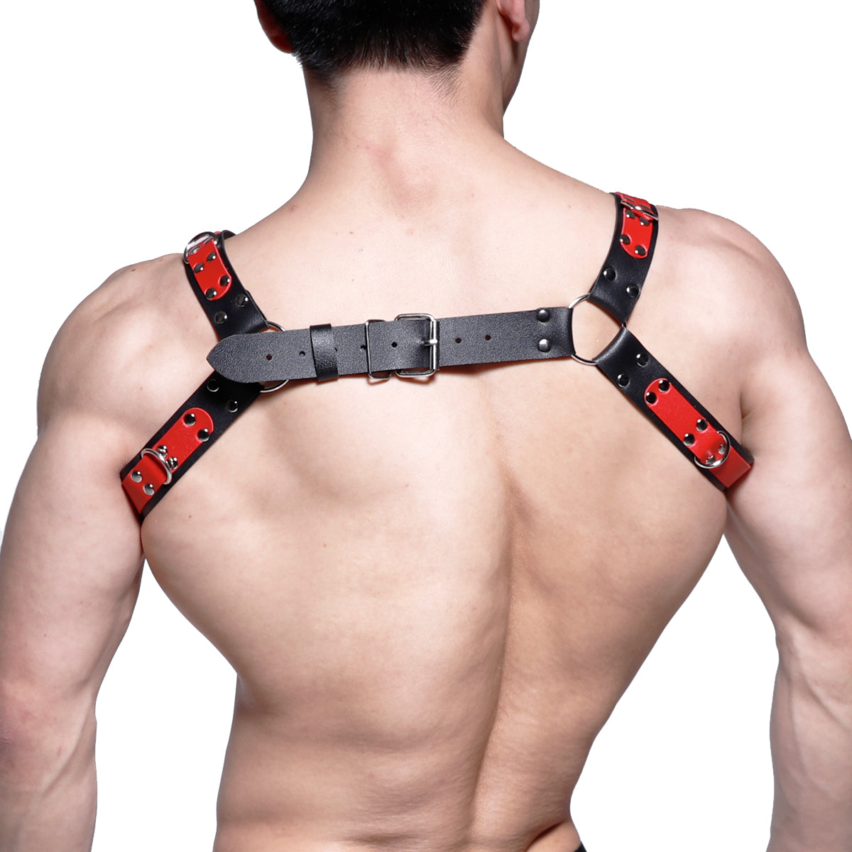 Black and red leather harness with silver toned metal hardware from MetroMaleWear designed for stylish wear MH2