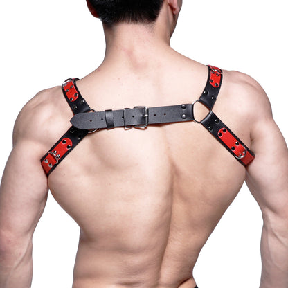 Black and red leather harness with silver toned metal hardware from MetroMaleWear designed for stylish wear MH2