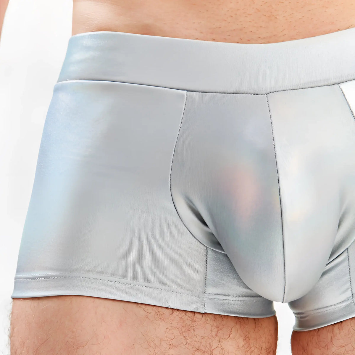 Light gray shiny fabric briefs with smooth form fitting design for miami jock barbie menâ€™s sexy halloween costume