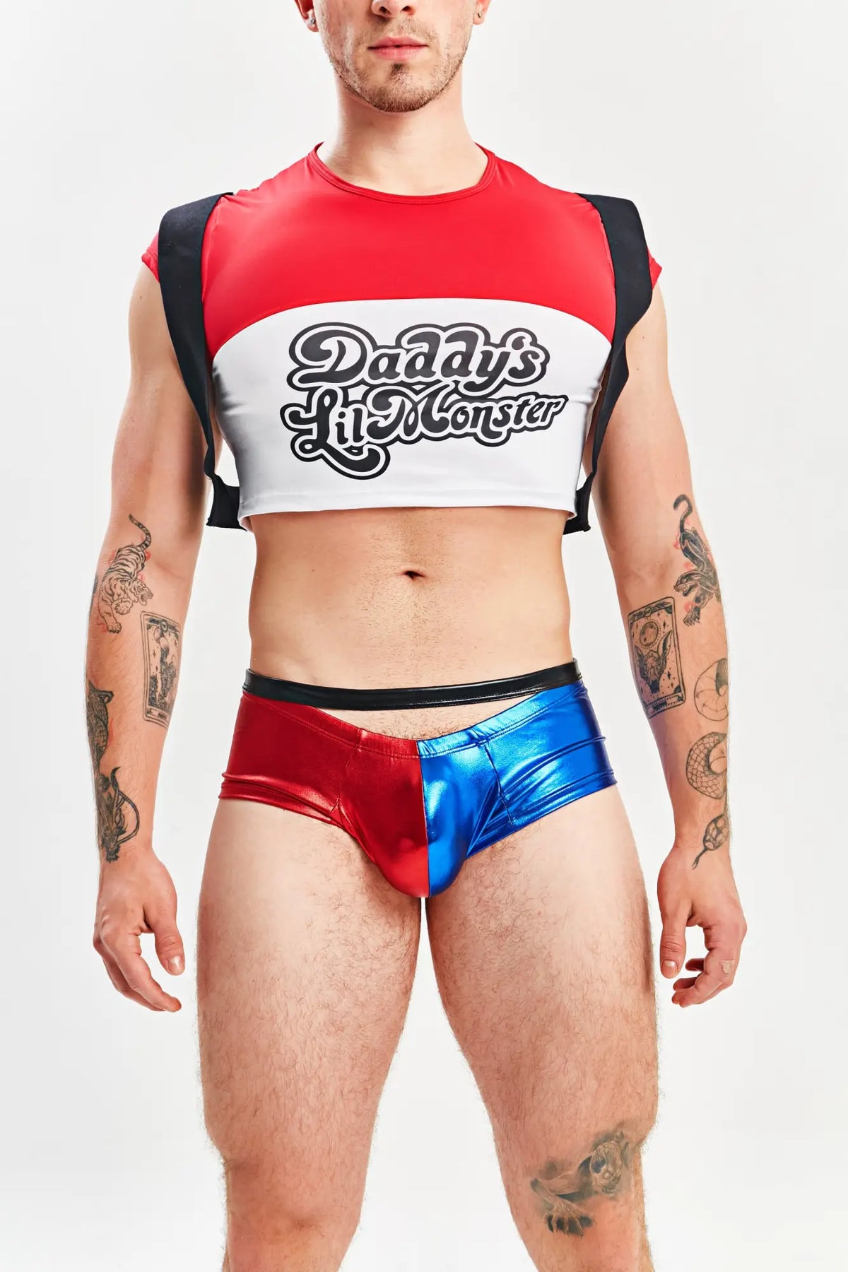 Miami Jock Harley Quinn menâ€™s sexy Halloween costume featuring red and blue metallic half-body briefs with black trim