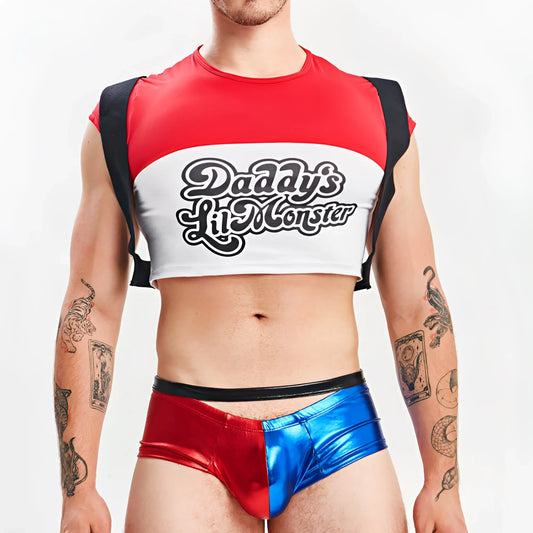 Red and blue metallic half-body briefs with black waistband from miami jock harley quinn menâ€™s sexy halloween costume mjt011
