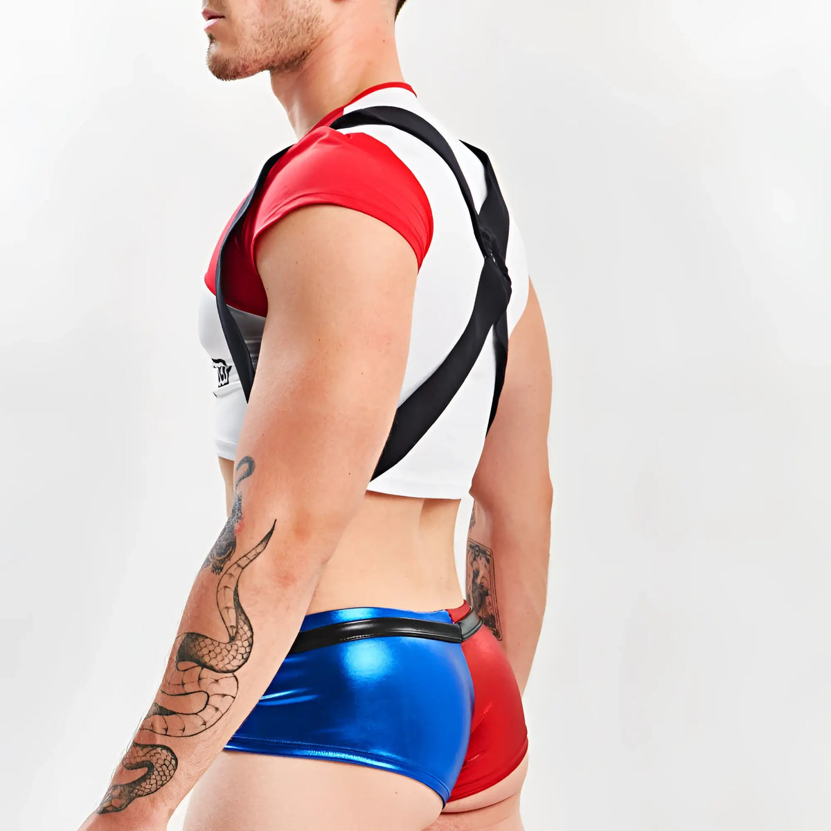 Menâ€™s sexy halloween costume miami jock harley quinn metallic red and blue shorts with black trim
