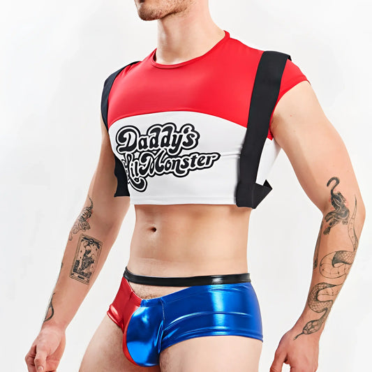 Red white and black cropped top with daddys little monster text in stylized font for miami jock harley quinn costume