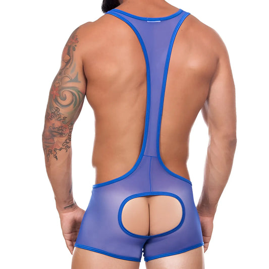 Blue sheer mesh menâ€™s bodysuit with bold blue trim and back cutout shown from the back by miami jock mj030824