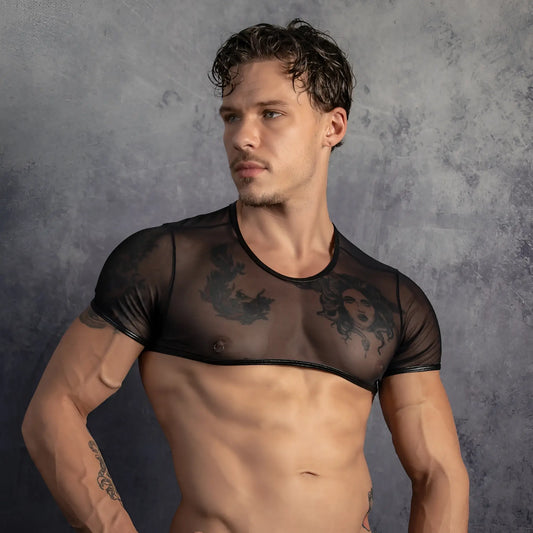 Black sheer mesh top with embroidered tattoo designs by Miami Jock MJA001 showing front view