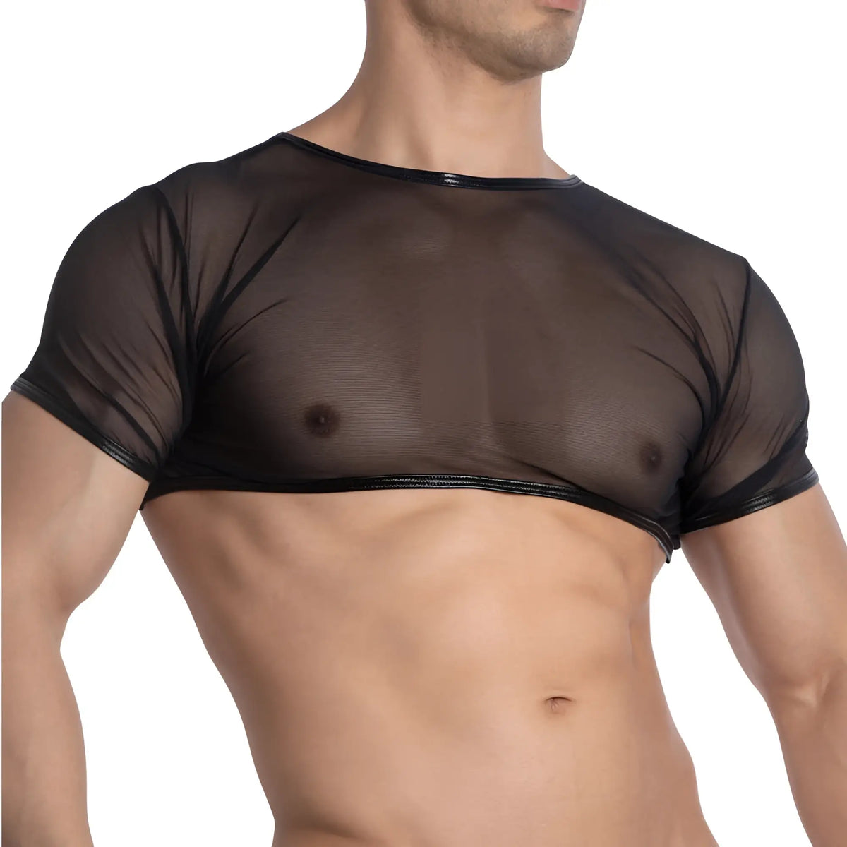 Black sheer mesh short sleeved top with round neckline and black trim from Miami Jock MJA001 tops collection