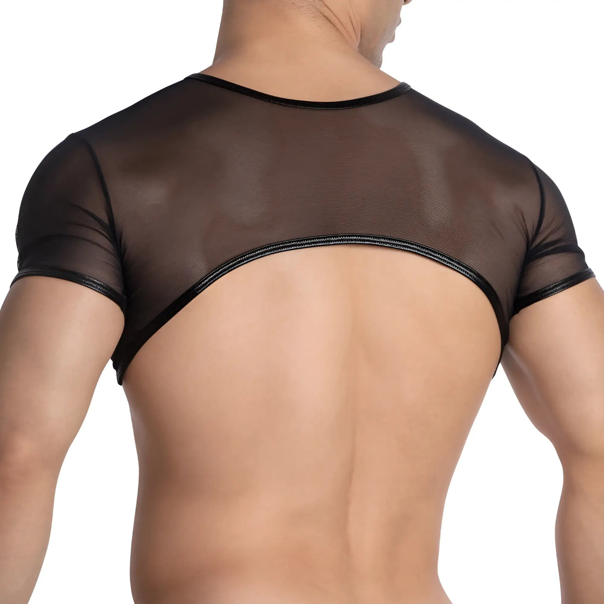 Black sheer mesh short sleeve top with curved hemline from Miami Jock MJA001 collection front view