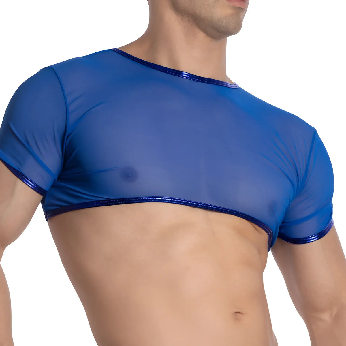 Blue sheer short-sleeved top with shiny blue trim from Miami Jock MJA001 collection for stylish casual wear