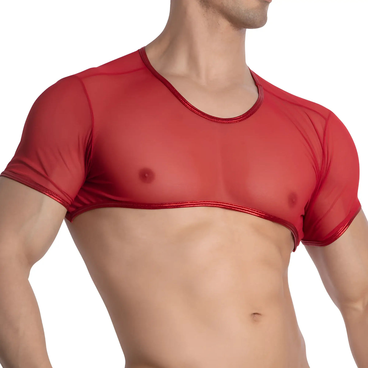 Red sheer short-sleeved top with rounded neckline and metallic trim from Miami Jock MJA001 tops collection
