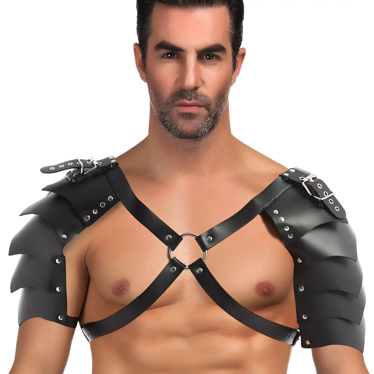 Black leather shoulder armor with layered spiked plates and silver metal buckles for miami jock mjc001 costume