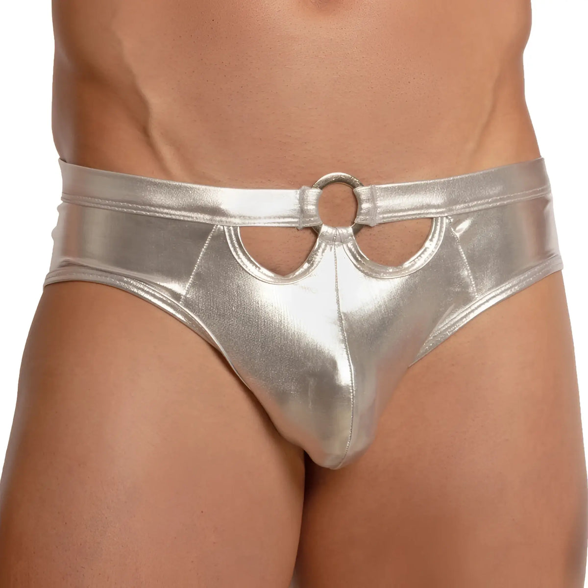 Miami jock MJE048 brief shiny silver metallic with central ring buckle and cutout design front view