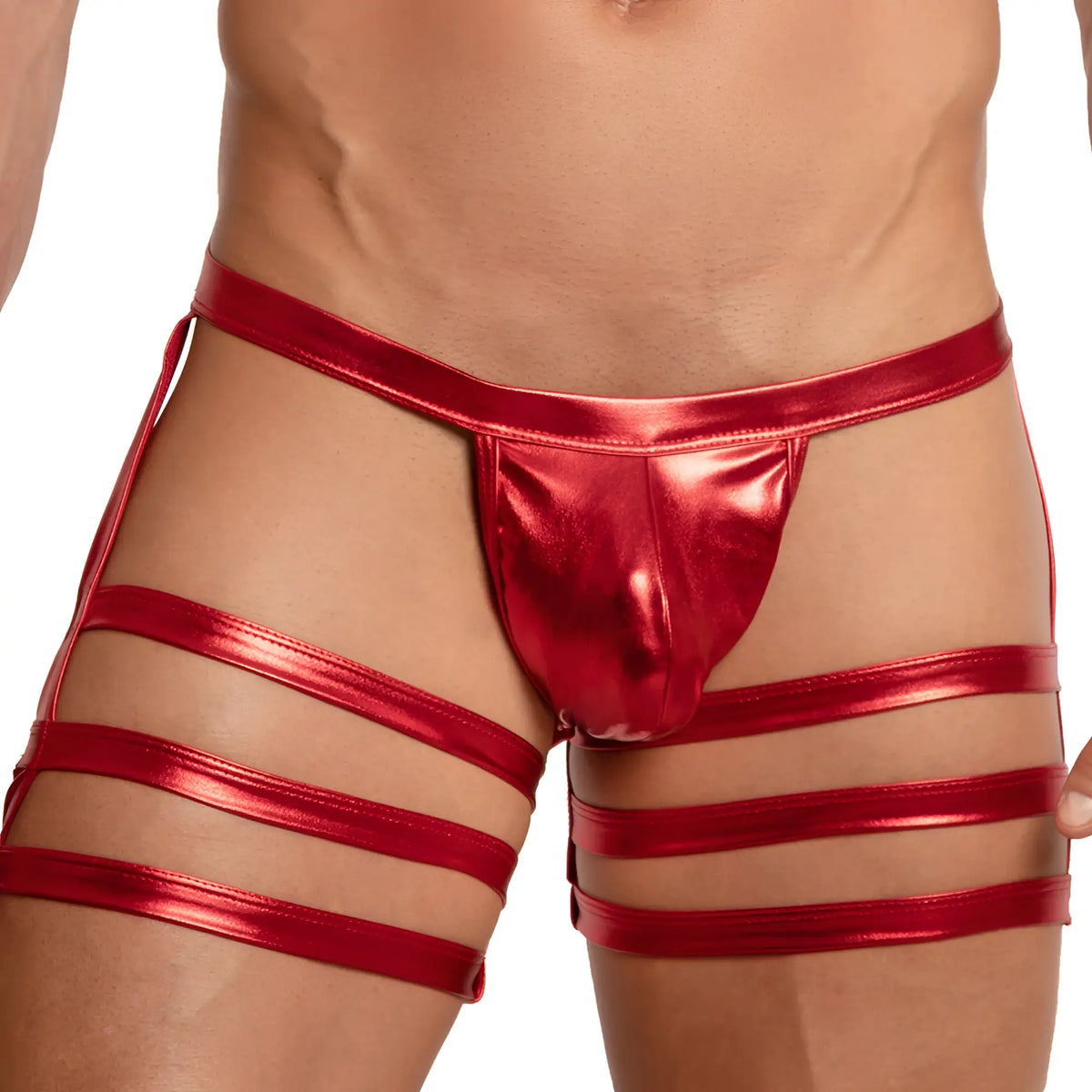 Shiny red metallic miami jock mje049 jockstrap with strappy thong and three horizontal bands across the legs