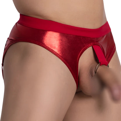 Shiny red metallic miami jock mje057 jockstrap with bold glossy finish and matching elastic waistband