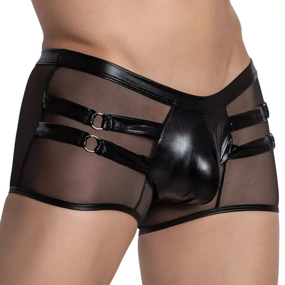 Black patent leather and mesh briefs with three adjustable straps and metal rings from Miami Jock MJG009 boxer trunk