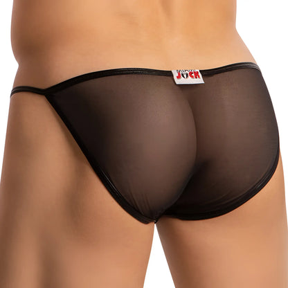 Black sheer mesh thong brief with glossy black elastic waistband and leg straps in Miami Jock MJJ006 style