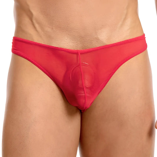 Red sheer mesh thong with a central circular cutout from the miami jock mjk014 collection