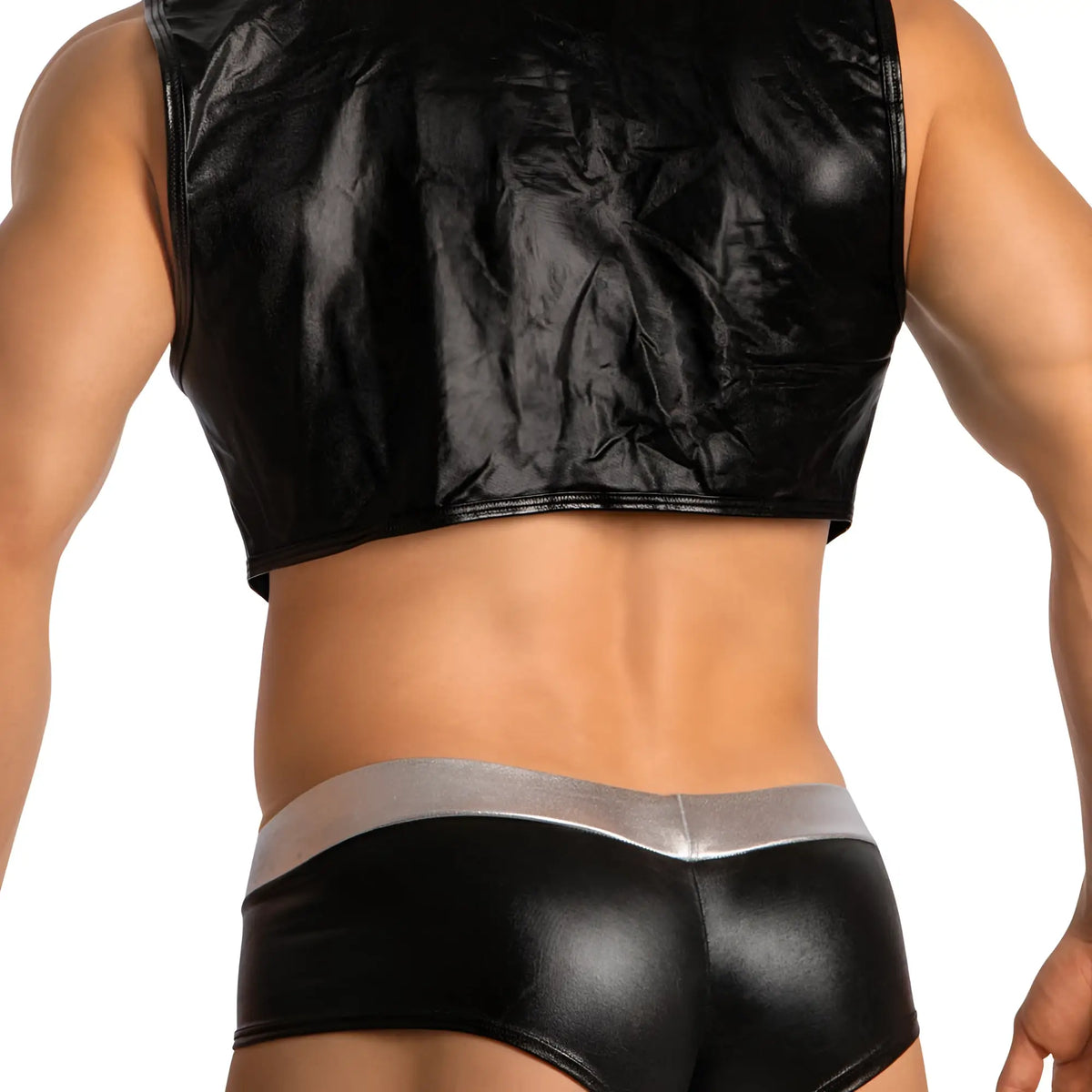 Black shiny faux leather crop top with silver waistband from Miami Jock MJT001 set front view