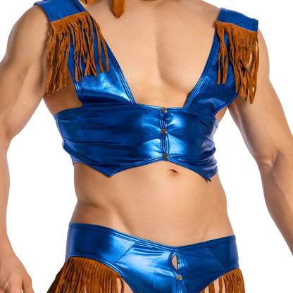 Shiny blue metallic costume top with brown fringe detailing and front button closure from miami jock mjt002 set