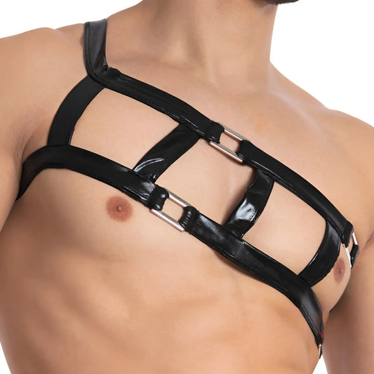 Black patent leather harness with silver toned metal buckles from miami jock mju006 accessory collection