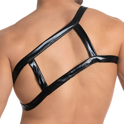 Black patent leather strappy backless top with crisscross design shown from the back in miami jock mju006 accessory