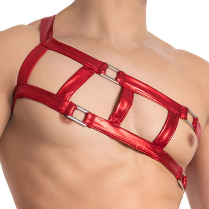 Red metallic Miami Jock MJU006 harness with silver buckles designed as an accessory for stylish wear