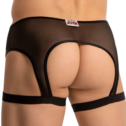 Black mesh briefs with black elastic straps and Miami Jock label for a stylish supportive accessory MJU008